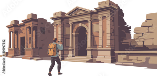 Tourist Taking Photo of Ancient Ruin Site with Arches on Transparent Background, Historical Place Illustration