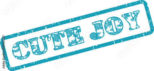 A delightful teal rubber stamp featuring the cheerful words CUTE JOY with an authentic textured vintage appearance