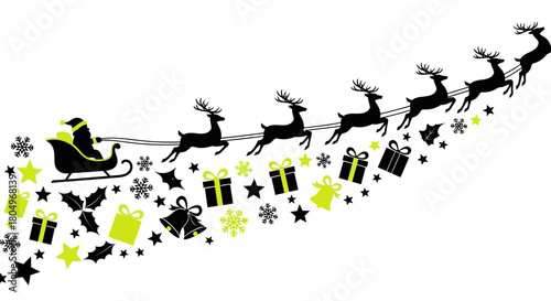 Magical Santa Claus sleigh ride with reindeer delivering gifts and joy across the winter sky, creating festive holiday cheer.