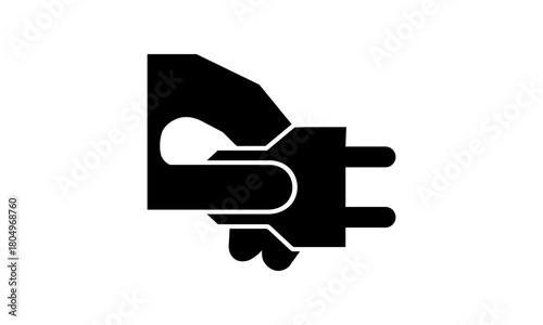 Piktogramm Stromstecker einstecken – Hand mit Stecker / Energieanschluss / Stromsymbol (schwarz)