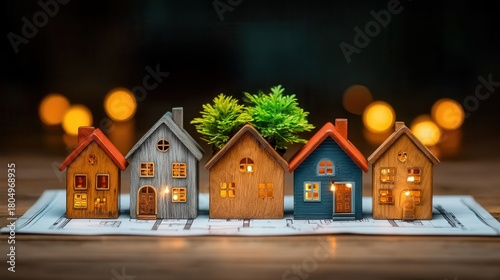 Dream homes concept featuring miniature colorful houses on blueprints with warm glowing lights, inspiring real estate and architectural visions