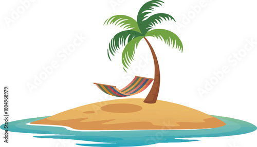 Tropical Island Palm Tree and Hammock in Peaceful Vacation Escape, Relaxing Summer Holiday Destination With Clear Water