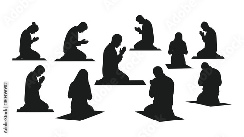 Praying people silhouettes isolated on white background, Vector