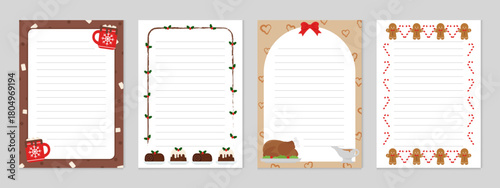 A set of four A4 Christmas food-themed papers featuring cocoa, pudding cake, yule log, roast turkey, gravy, and gingerbread cookies. Ideal for holiday letters, menus, cards, and printable crafts.