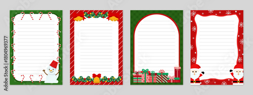 A set of Christmas papers in red and green themes, featuring candy cane, snowman, wreath, gifts, Santa, and snowflakes. Perfect for holiday letters, cards, crafts, and printables.