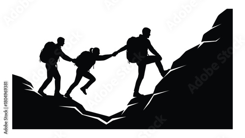 Mountain climbing teamwork silhouette isolated on white background, Vector
