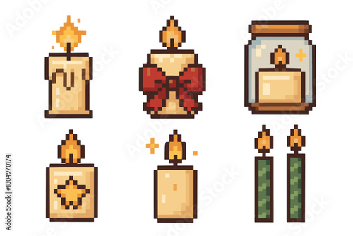 Charming collection of various pixel art candles in a retro 8-bit style, featuring festive, jar, and taper designs isolated for a game asset or icon set
