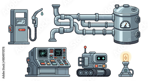 Collection of pixel art icons representing industrial and technological themes, including a fuel pump, piping, a boiler, a control panel, a robot, and a lamp, isolated for a retro video game