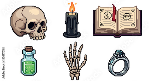 Collection of magical and occult items rendered in a retro pixel art style, featuring a skull, spellbook, potion, skeletal hand, candle, and a ring, isolated