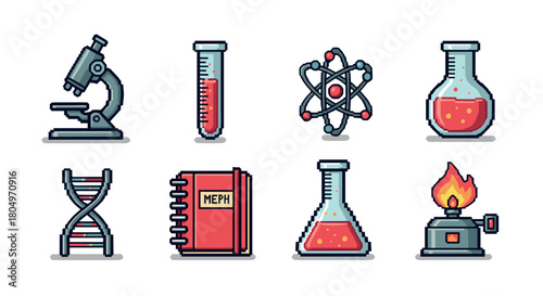 Collection of science and chemistry pixel art icons, including a microscope, flasks, DNA, and an atom, isolated in a retro 8-bit video game style