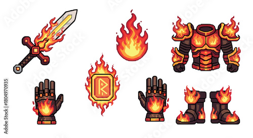 Fiery fantasy armor and weapon set illustration with a magical sword, gauntlets, boots, and rune, created in a vibrant 2D cartoon style for video game assets