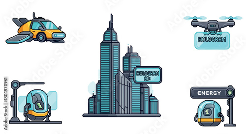 Pixel art icon set with a cyberpunk theme, featuring a flying car, a futuristic skyscraper with holographic ads, a drone, and energy pods for a sci-fi concept