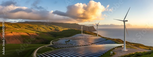 Scenic aerial view of solar panels and wind turbines on a hill by the ocean
