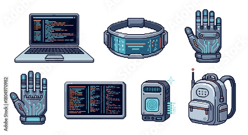 Set of pixel art icons featuring futuristic cyberpunk technology like a coding laptop, robotic gloves, a smart visor, and a backpack, isolated