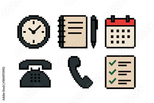Set of pixelated icons representing office tasks and time management, with a clock, calendar, phone, and notebook in a classic video game style isolated on white