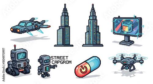 Collection of pixel art icons for a futuristic cyberpunk video game, including a flying car, robots, a drone, skyscrapers, and a digital billboard isolated