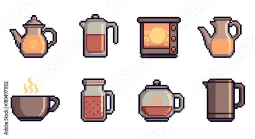 Collection of pixel art icons showing various coffee and tea related items like teapots, mugs, and a coffee maker, isolated in a retro 8-bit video game style