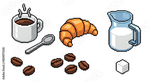 Isometric pixel art collection for a classic breakfast with hot coffee, a fresh croissant, a pitcher of milk, a sugar cube, and roasted coffee beans on a clean white backdrop