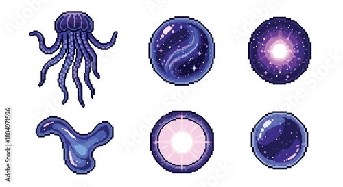 Set of pixel art icons featuring a cosmic jellyfish and magical orbs with galaxy and portal designs, created as isolated game assets for a fantasy or sci-fi retro video game