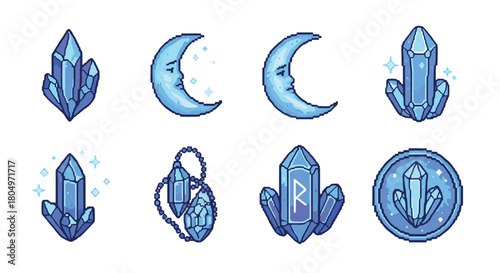 Collection of magical pixel art icons featuring blue crystals, a crescent moon, a runic gem, and a mystical amulet, isolated for a fantasy video game