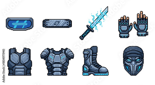 Collection of futuristic sci-fi armor and weapon assets in a pixel art style, featuring a glowing sword, helmet, and combat gear for a video game character, isolated