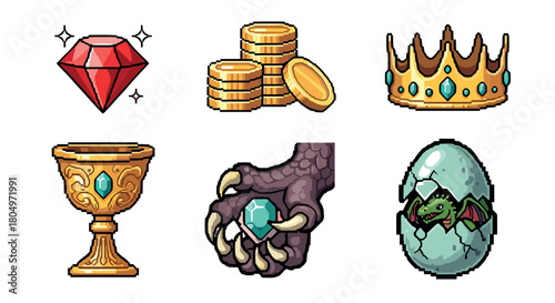 Collection of fantasy role-playing game icons in a retro pixel art style, featuring a dragon egg, treasure, gold coins, a royal crown, and a magic gem isolated on white