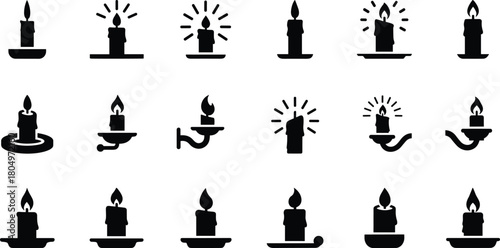 Black candle silhouette icons set featuring melting wax, burning flames, and holders for spiritual, birthday, or interior design project vector illustration. (20 words)
