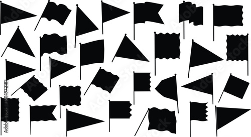Collection of black flag silhouettes on poles featuring waving banners and triangular pennants for map markers or icons vector illustration.