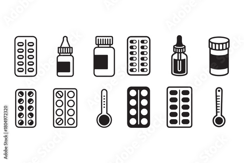 a collection of black and white medicine icons including pills bottles and a thermometer silhouette