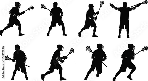 Set of Lacrosse Player Silhouettes in Action Poses with Stick and Helmet Vector Illustration