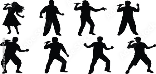 Singers and Rappers Silhouette Collection Featuring Men and Women Performing with Microphones Vector Set