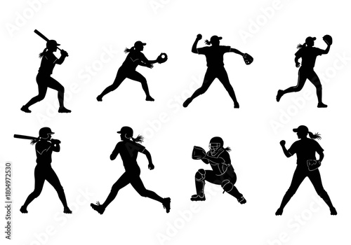 Softball player silhouette set. Vector graphics of female players in action poses like batting, pitching, and catching