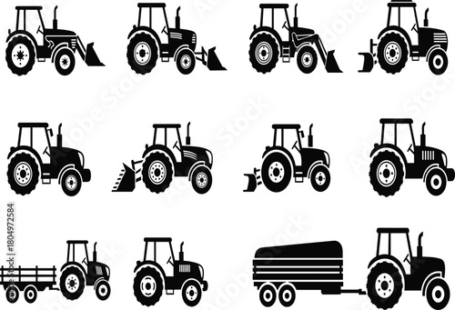Tractor icon set. Vector collection of black farm vehicle silhouettes. Includes loaders, diggers, and trailers. Agricultural equipment graphics.