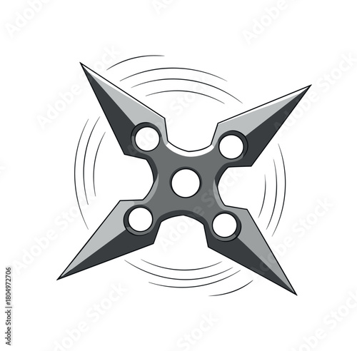 Cartoon illustration of a metallic four-pointed throwing star spinning rapidly through the air, isolated