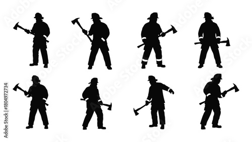Firefighter silhouettes with axes isolated on white background, Vector