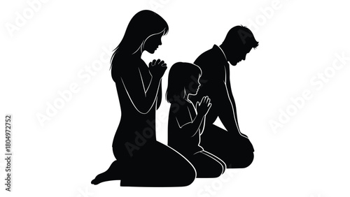 Family prayer silhouette isolated on white background, Vector
