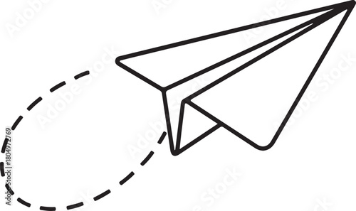 Paper plane icon with dotted line. Airplane vector, icon. Silhouette of flying paper plane vector symbol with dotted track direction. 

