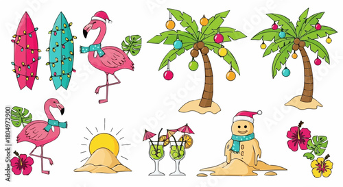 Tropical Christmas summer vector elements featuring surfing santa and palm trees