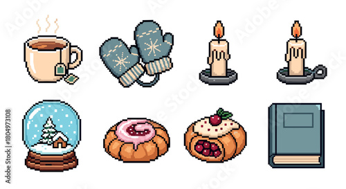 Charming pixel art collection of cozy winter icons including a hot tea, mittens, candles, a snow globe, sweet pastries, and a book, isolated