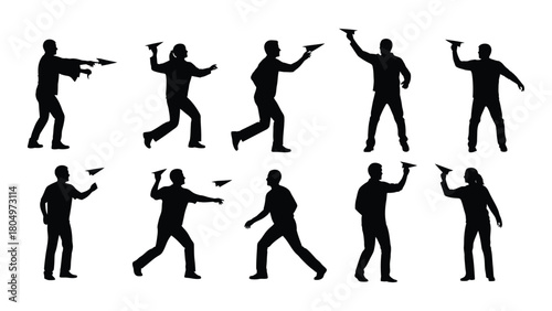 People throwing paper airplanes silhouettes isolated on white background, Vector