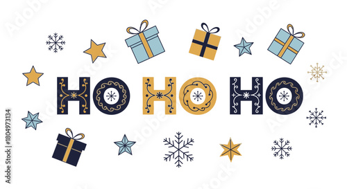 Spread holiday cheer with this whimsically festive 'Ho Ho Ho' design, featuring charming snowflakes, stars, and gifts for a joyful seasonal touch
