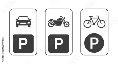 Find your parking spot easily with these car, motorcycle, and bike parking signs, perfect for transportation planning and city navigation guidance systems