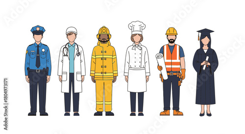 Diverse professions stand together offering safety, healthcare, culinary arts, construction and education creating a strong community bond, originally vector