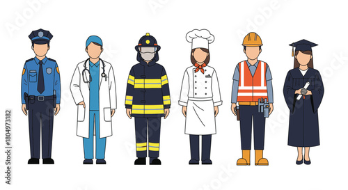 Diverse group showcasing essential professions, from courageous firefighter to dedicated doctor, honoring our community heroes and future graduates