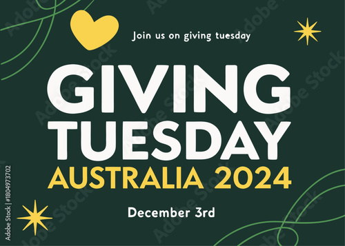 Giving Tuesday Australia 2024 Promotion with Heart Stars and Green Lines on Dark Green Background