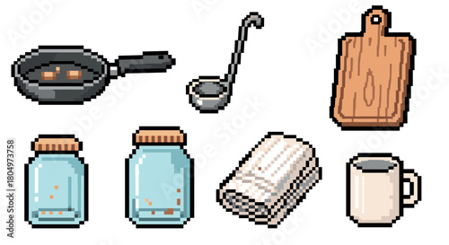 Set of retro 8-bit style kitchen and cooking items featuring a pan, ladle, board, jars, towel, and mug, designed as pixel art icons for a video game or digital illustration