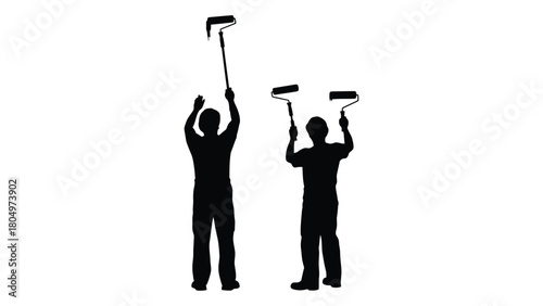 Painters with rollers silhouette isolated on white background, Vector