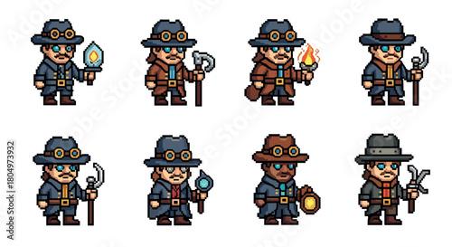 Collection of pixel art characters depicting a steampunk adventurer with a mustache, hat, and goggles, holding tools like a torch, lantern, and axe