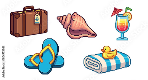 Collection of pixel art icons for a summer beach vacation, including a suitcase, seashell, tropical cocktail, flip-flops, and a towel with a rubber duck, isolated on white