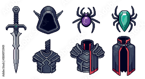 Collection of pixel art fantasy RPG game assets, including a sword, armor, hood, cloak, and spider amulets, isolated for game design